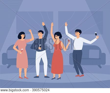 A Group Of Young And Happy People Are Dancing And Holding Glasses Of Wine. Friends Celebrate The Hol