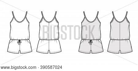 Teddy Romper Bodysuit Technical Fashion Illustration With Scoop Neck, Shirred Shorts. Flat One-piece