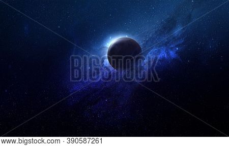 Planets In Space In The Radiance Of Stars And A Blue Nebula, Abstract Space 3d Illustration, 3d Imag