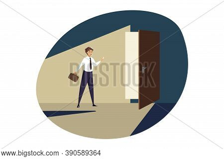 Business, Career, Opportunities, Perspective Concept. Young Businessman Manager Standing In Front Op