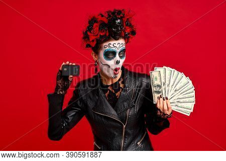 Scary Young Creepy Lady Calavera. Wears Artistic Make-up For The Feast Of All The Dead.wears Black L