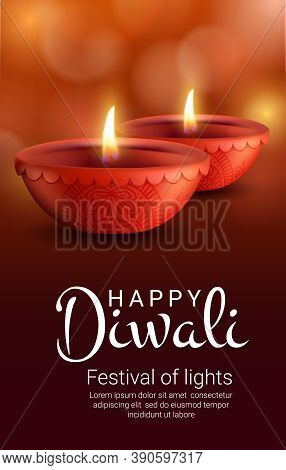 Diya Lamps Of Indian Diwali Light Festival, Vector Hindu Religion. Deepavali Holiday Oil Lamps Or Ca