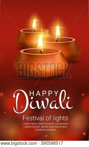 Gold Diya Lamps With Flower Rangoli, Vector Diwali Light Festival Of Indian Hindu Religion. Burning 