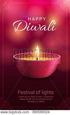Diwali Diya Lamp With Vector Frame Of Rangoli Decoration. Indian Festival Of Light And Hindu Religio
