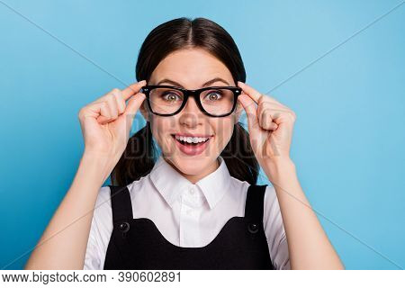 Close Up Photo Of Astonished Positive Girl See Incredible High School Discounts Impressed Touch Hand
