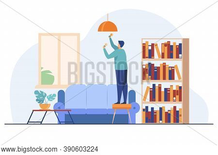 Man Inserting Light Bulbs Into Chandelier. Repair, Lighting. Flat Vector Illustration. Housekeeping 