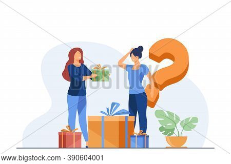 Woman Offering Presents To Woman In Shop. Assistance, Choice. Flat Vector Illustration. Gifts And Se