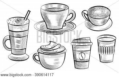 Coffee Serving Vector, Isolated Set Of Sketches Outline. Bean On Plastic Container For Beverage Take