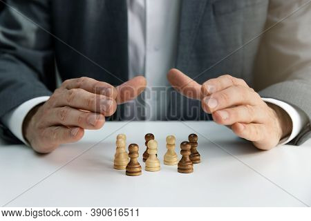 Employment Insurance, Customer Care And Trade Union Concept. Businessman Protecting His Team, Labor 