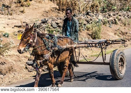 Gondar, Ethiopia - Feb 07, 2020: Ethiopian People On The Road From Gondar To The Simien Mountains, N