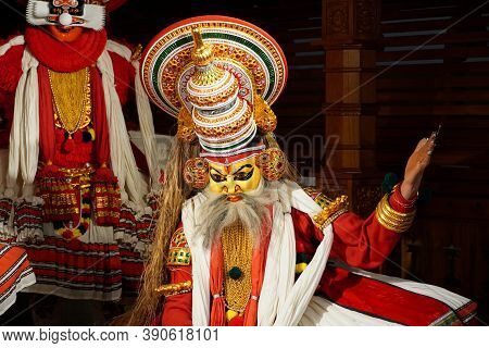 Wax Statue Of A Kathakali Performer In The Virtuous Role In Cochin. Kochi India - October 2020