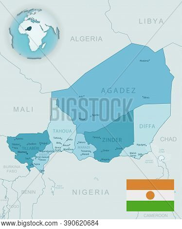 Blue-green Detailed Map Of Niger Administrative Divisions With Country Flag And Location On The Glob