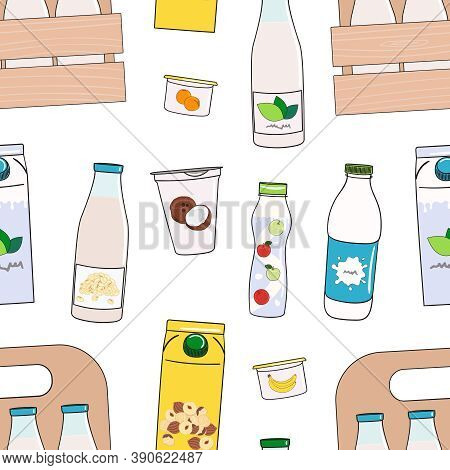 Seamless Pattern Of Milk, Dairy Products And Vegan Milk Alternatives