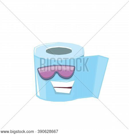 Vector Funny Cartoon Toilet Paper Roll Character With Sunglasses Isolated On White Background. Funky