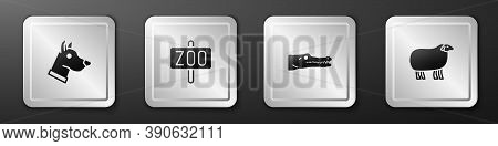 Set Dog Head, Zoo Park, Crocodile And Sheep Icon. Silver Square Button. Vector