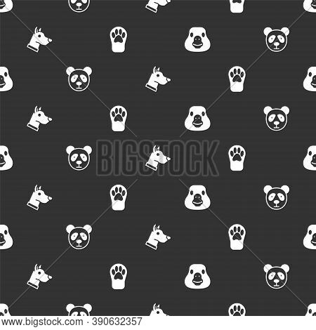 Set Goose Bird, Cute Panda Face, Dog Head And Paw Print On Seamless Pattern. Vector