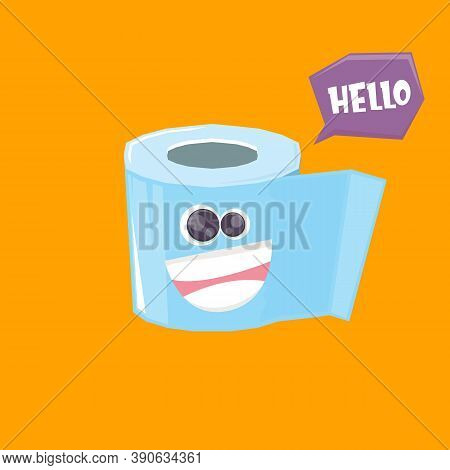 Vector Funny Cartoon Toilet Paper Roll Character Isolated On Orange Background. Funky Smiling Kawaii