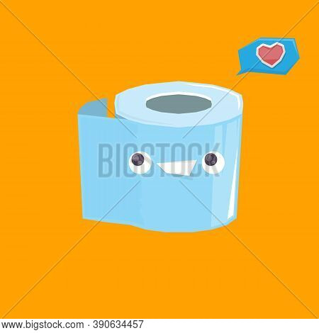 Vector Funny Cartoon Toilet Paper Roll Character Isolated On Orange Background. Funky Smiling Kawaii