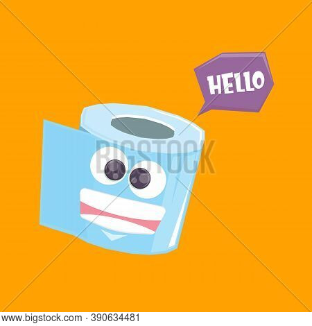 Vector Funny Cartoon Toilet Paper Roll Character Isolated On Orange Background. Funky Smiling Kawaii
