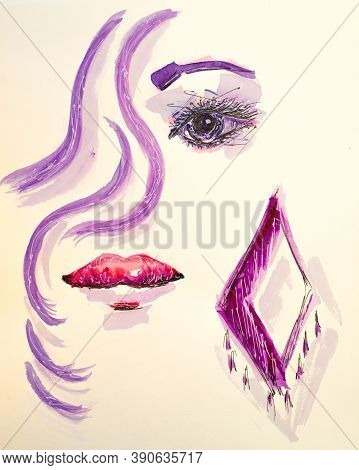 Beautiful Woman Face, Watercolor Abstract Fashion Illustration With Assimetric Eye, Lips, Hair Earlo