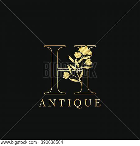 Golden Letter H Luxury Flowers Initial Logo Template Design. Monogram Antique Ornate Nature Floral L