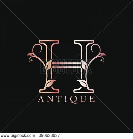 Gold Rose H Luxury Letter Logo Template Design. Monogram Antique Ornate Nature Floral Leaf With Init