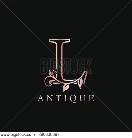 Gold Rose L Luxury Letter Logo Template Design. Monogram Antique Ornate Nature Floral Leaf With Init