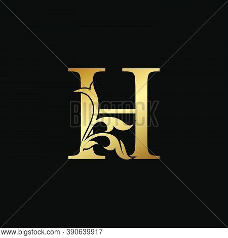 Golden Luxury Letter H Initial Logo Icon Template Design. Monogram Ornate Nature Floral Leaf With In