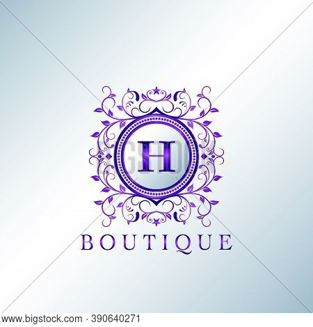 Modern Luxury Boutique Letter H Logo. Unique Elegance Design Floral Ornament With Purple Metal Circl