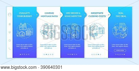First-time Home Buying Points Onboarding Vector Template. Evaluate Budget. Home Inspector. Seal Deal