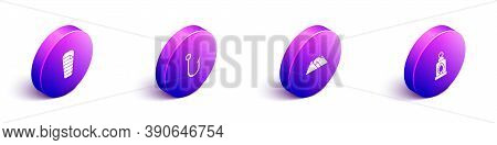 Set Isometric Sleeping Bag, Fishing Hook, Mountains And Camping Lantern Icon. Vector