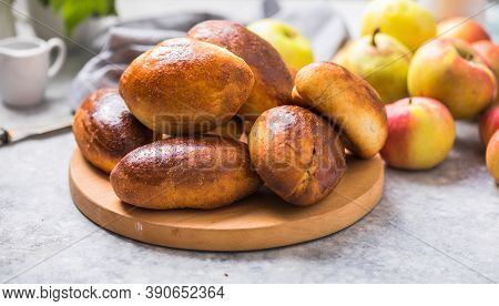 Ready-made Baked Pies (pirogi) With Apple. Traditional Russian Cuisine. Ready-made Baked Pies (pirog