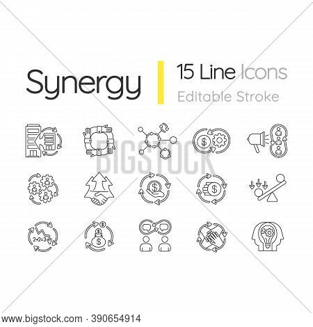 Synergy Linear Icons Set. Business Project. Financial Operation. Interpersonal Relationship. Customi