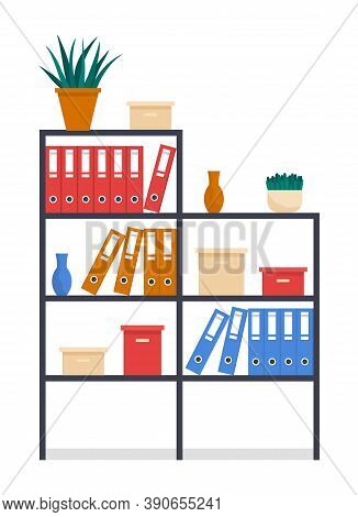 Office Rack Or Stand With Folders, Boxes With Archive Files, Vases, Houseplants In Pots. Furniture F