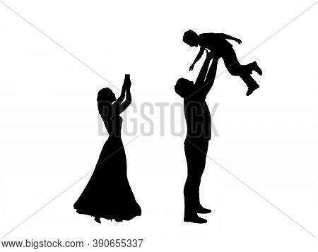 Silhouettes Mother Takes Pictures On Phone And Father Throws Son Up. Illustration Graphics Icon Vect