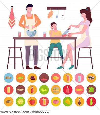 Young Mom And Dad Cooking With Son At Kitchen, People Sitting, Standing Near Kitchen Table. Woman Cu
