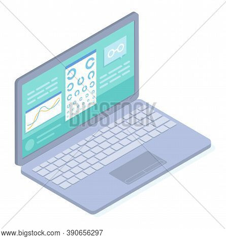 Laptop With Medical Website, Online Checking Vision In Virtual Medical Cabinet In Internet, Chart Ey
