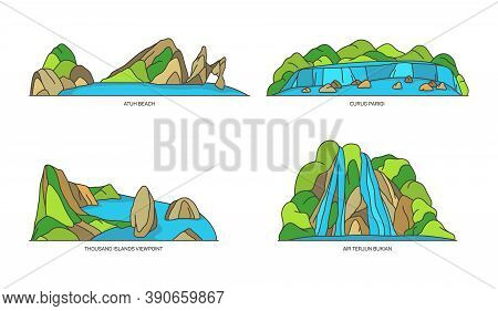 Indonesia Landmarks, Nature And Travel Flat Icons