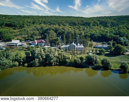 Aerial View Of Landscape With Lake About Thiganesty Monastery, Moldova Republic Of.