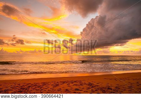 View Of Beautiful Glorious Golden Sunset And Golden Hour Above The Sea In Evening.