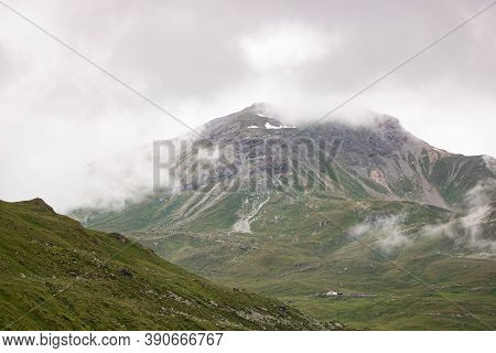 Aerial View Of Mountainscape Below Lac De Moiry In The Swiss Alps. Ch Switzerland.