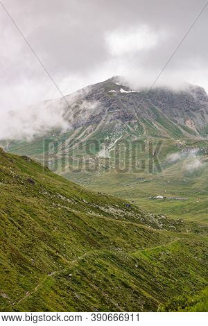 Aerial View Of Mountainscape Below Lac De Moiry In The Swiss Alps. Ch Switzerland.