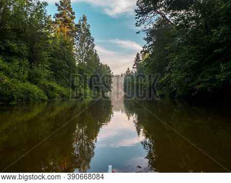 Mirror Surface Of The River Water Surface In The Middle Of The Forest. Vacation On The Forest River.