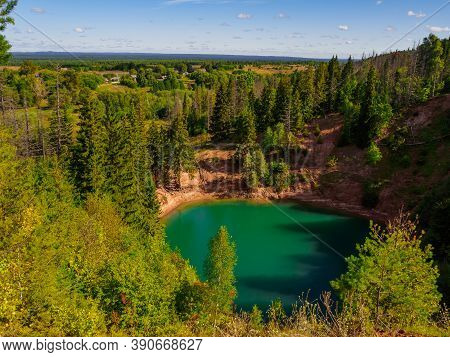 Beautiful View Of Forest Lake Sea Eye In Sunny Summer Day. Lakes Of Mari El Republic, Russia.