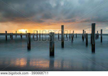 Long Exposure Photography, Taken At The North Sea In Petten With The Pole Village In The Sea, Taken 