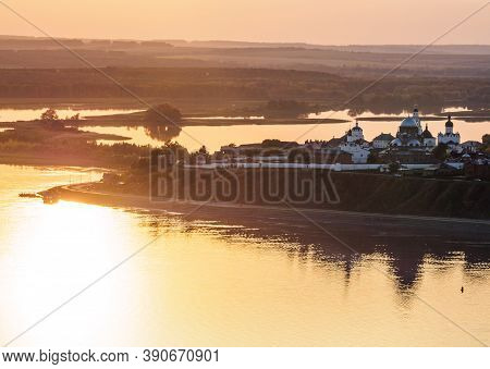 Sunlight View Of Town-island At The Sviyaga River. Unesco World Heritage In Russia