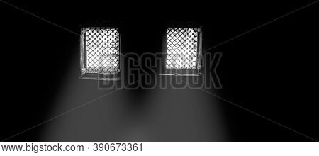 Cinematic Dark Mood Shot Of Windows With Some Sunlight Coming Through In The Dark Room.