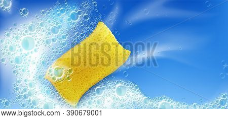 Cleaning Foam With Yellow Sponge And Bubbles On Blue Background With White Stains, Froth, Foamy Text