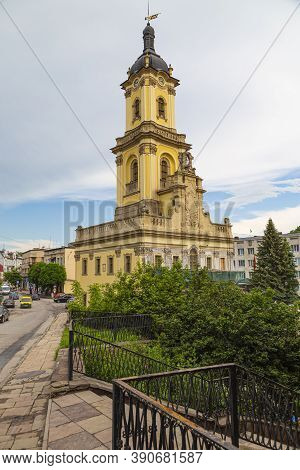 Historic Center Of Buchach City, Western Ukraine. Beautiful Old Buchach City Hall. Tourist Landmark,