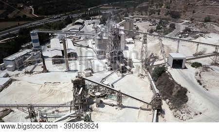 Mining And Processing Plant, View Of Pipes And Smoke. Industrial Building. Stone And Lime Quarry.
